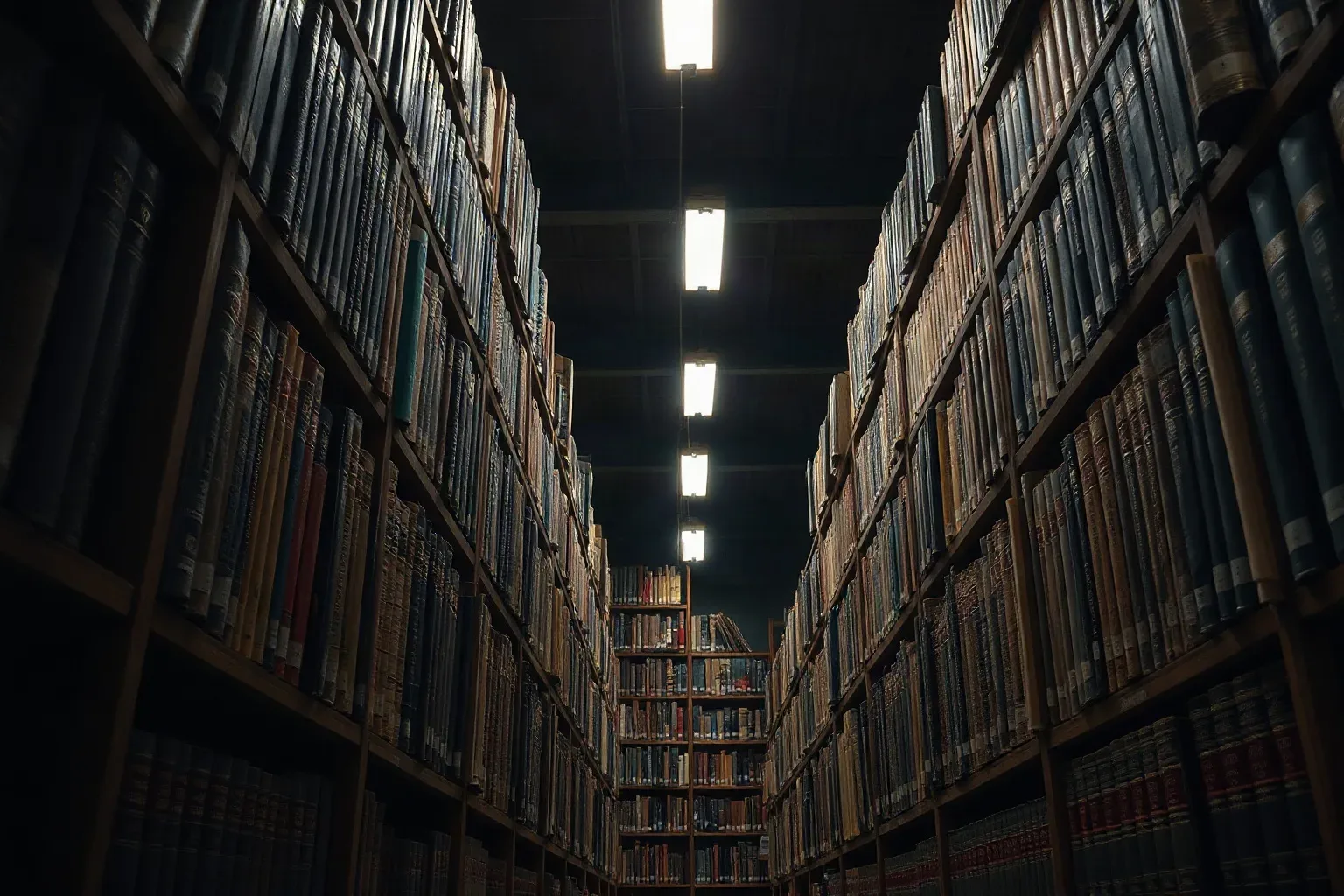 Volumes of bound reference works on dark timber shelving