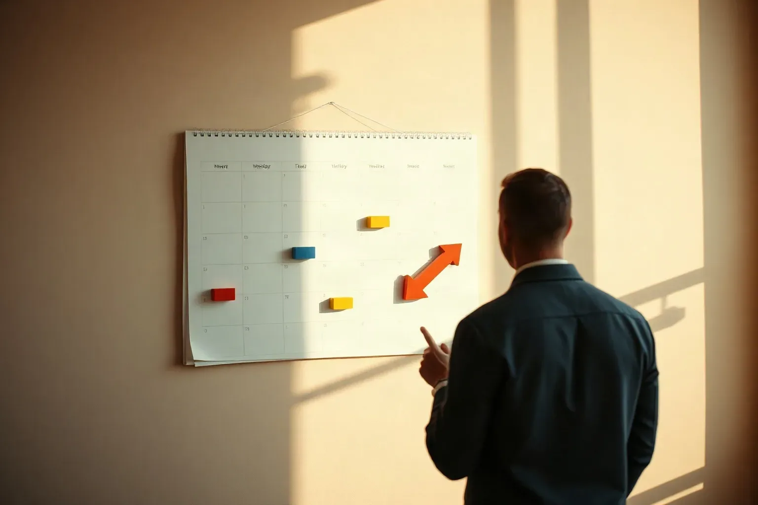 A large wall calendar marked with abstract coloured blocks and arrows