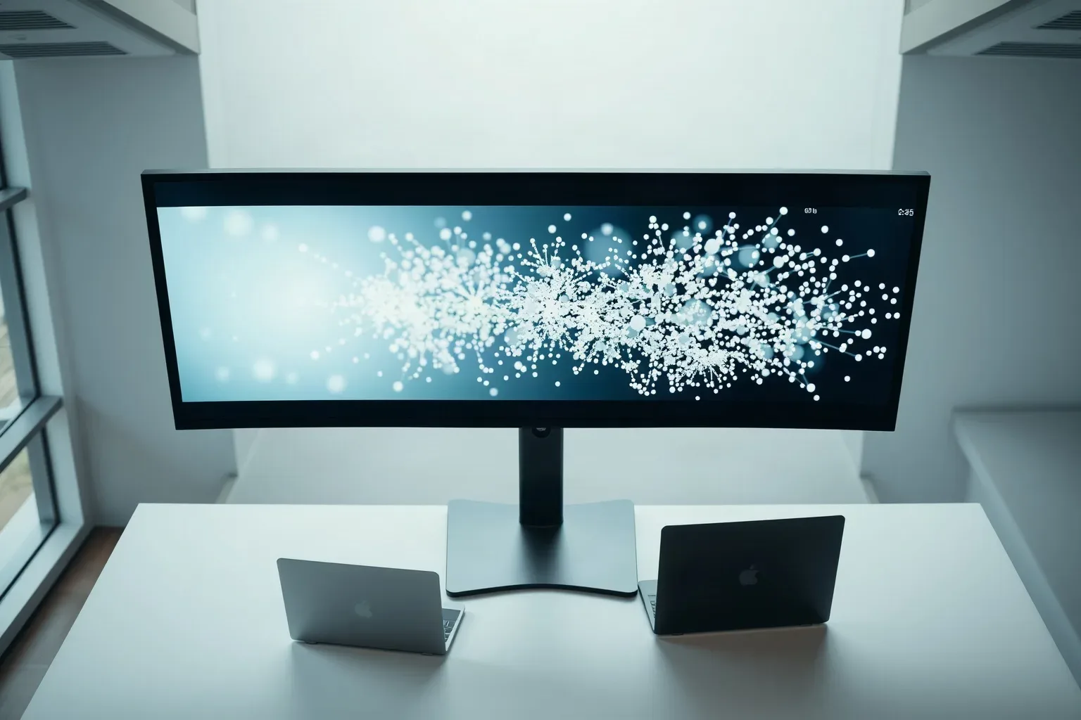 Wide monitor displaying an abstract node-and-edge link graph