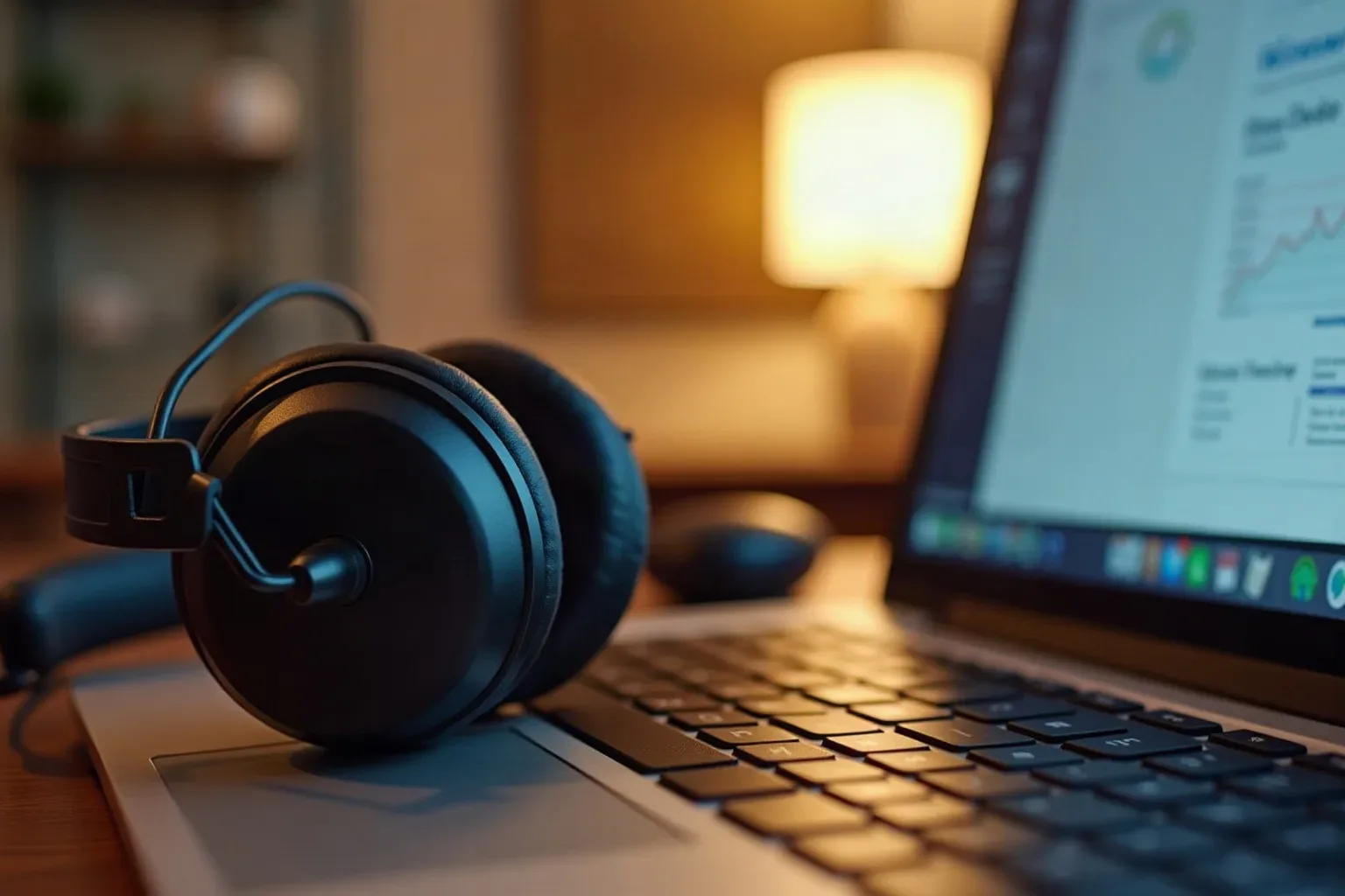 A pair of over-ear headphones resting on a laptop keyboard on a wooden desk, with a softly lit lamp and an open laptop screen visible in the background