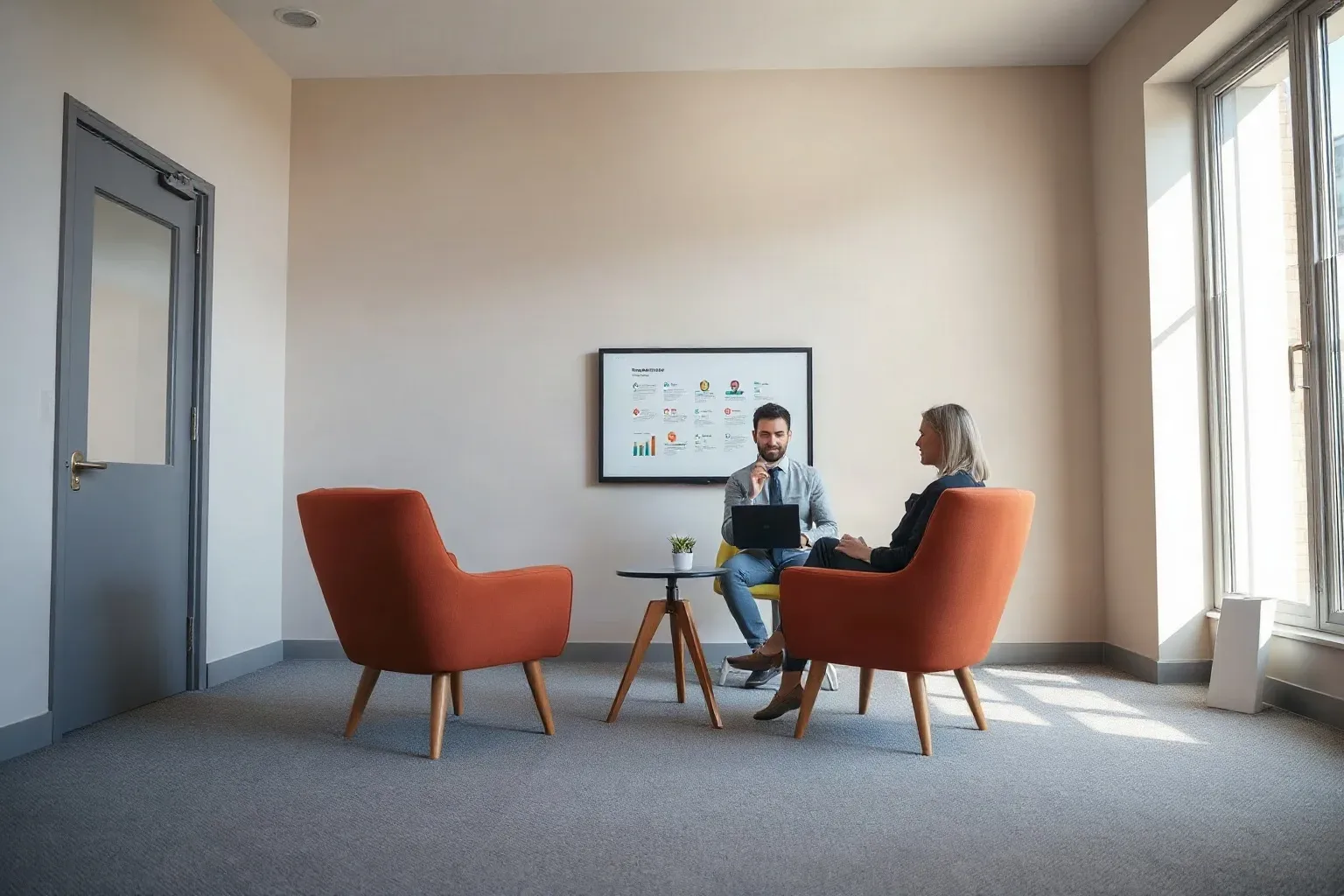 Small low table with two chairs facing each other in a consulting room