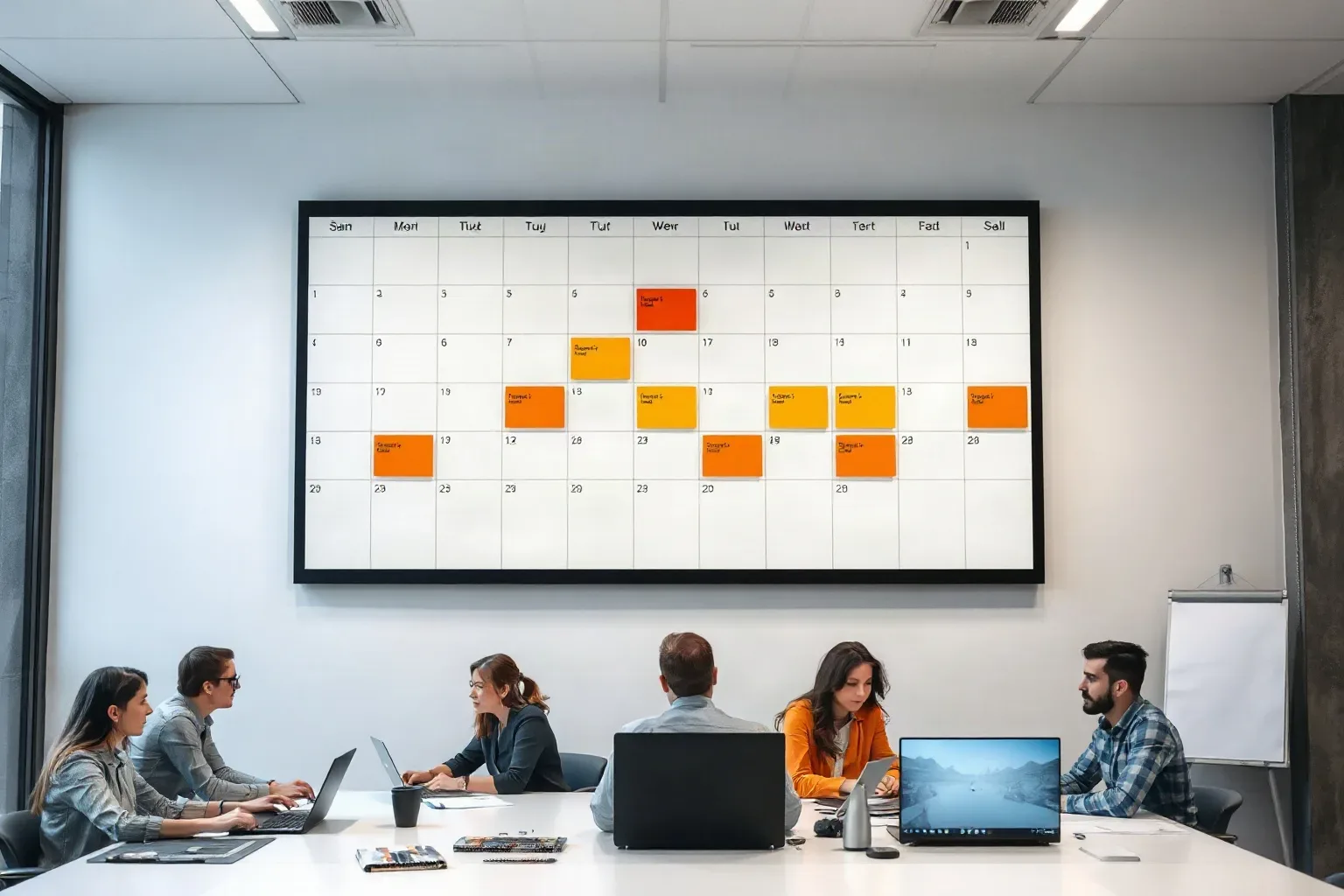 A large wall calendar marked with abstract coloured blocks and arrows mounted on an office wall