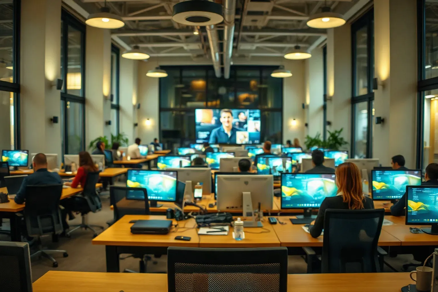 A cluster of desks in a SaaS-style open workspace