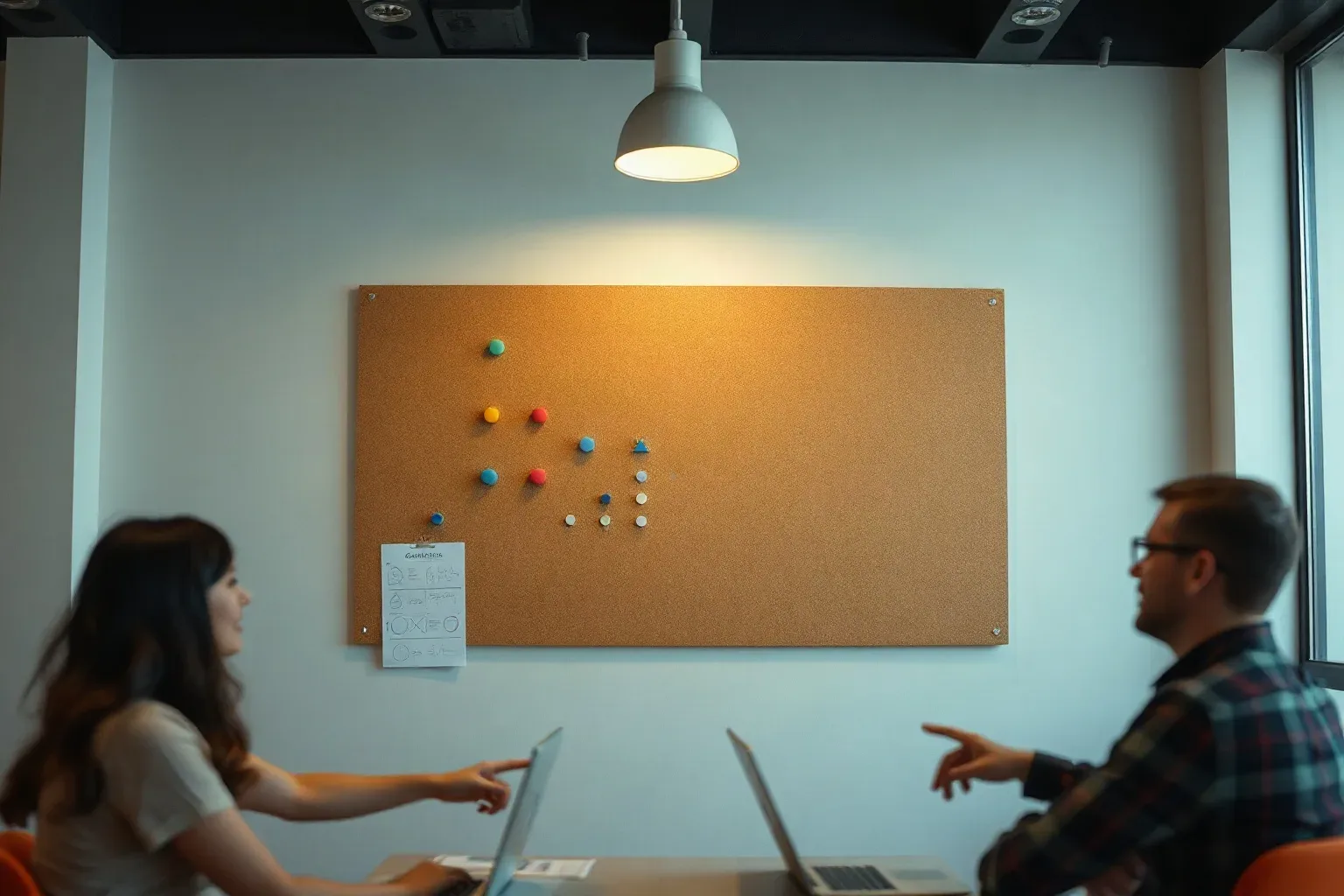 A cork board mounted above a desk