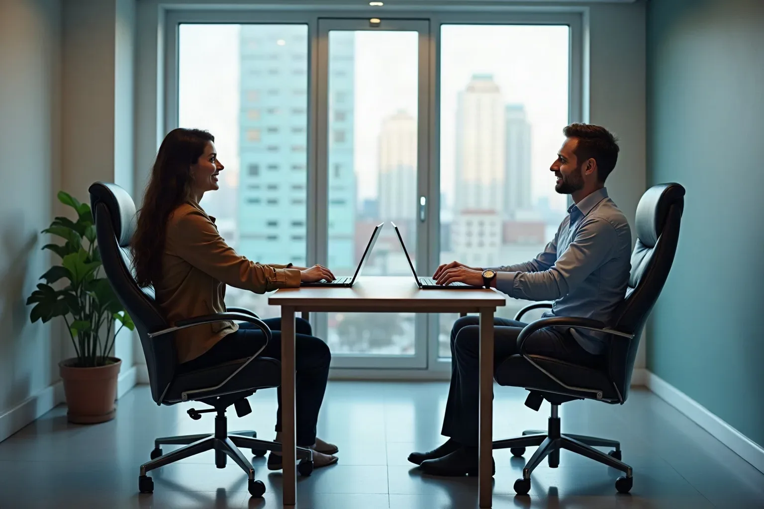 Two people sit facing each other across a desk, each with an open laptop, in a glass-windowed office overlooking a city skyline
