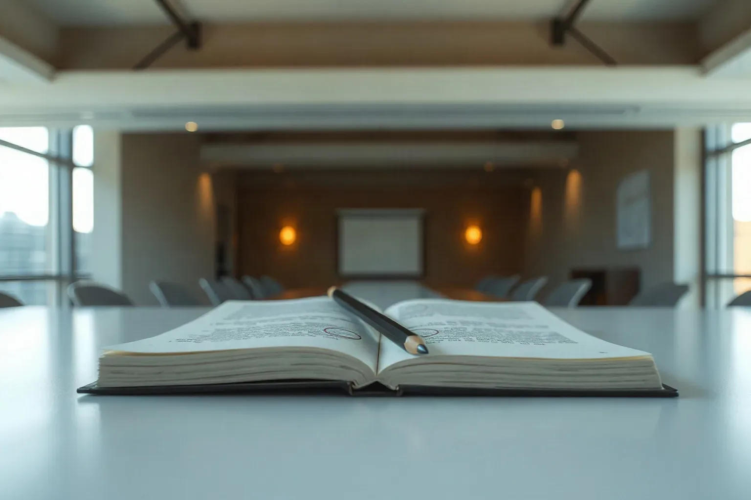 A mechanical pencil resting across an open notebook mid-annotation