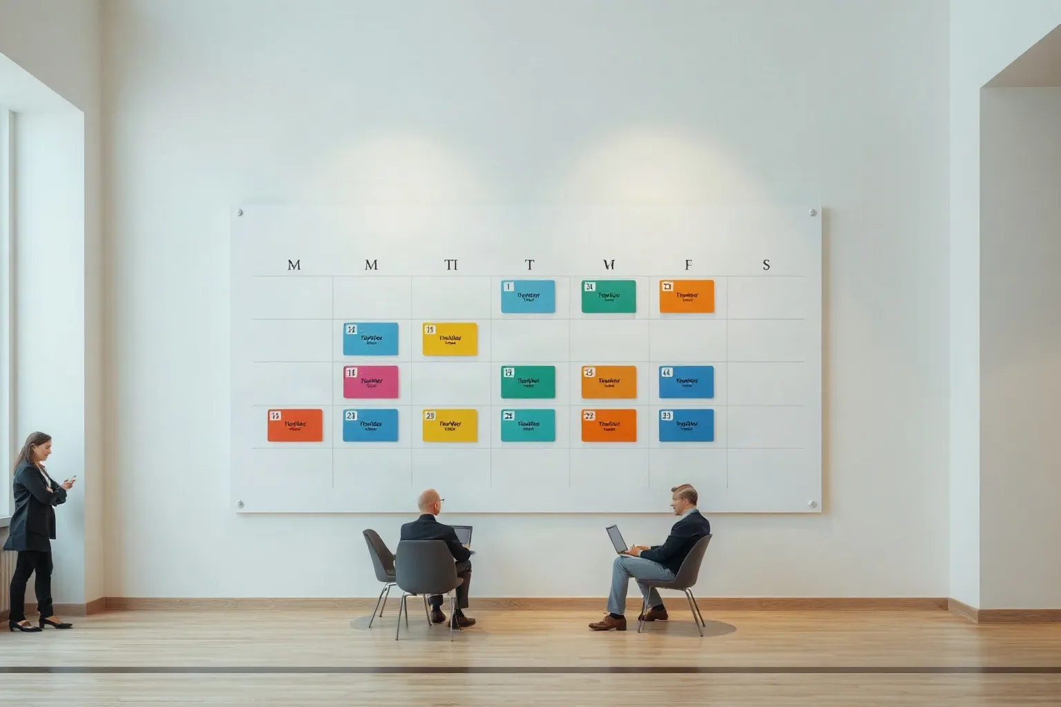 A large wall calendar marked with abstract coloured blocks and arrows