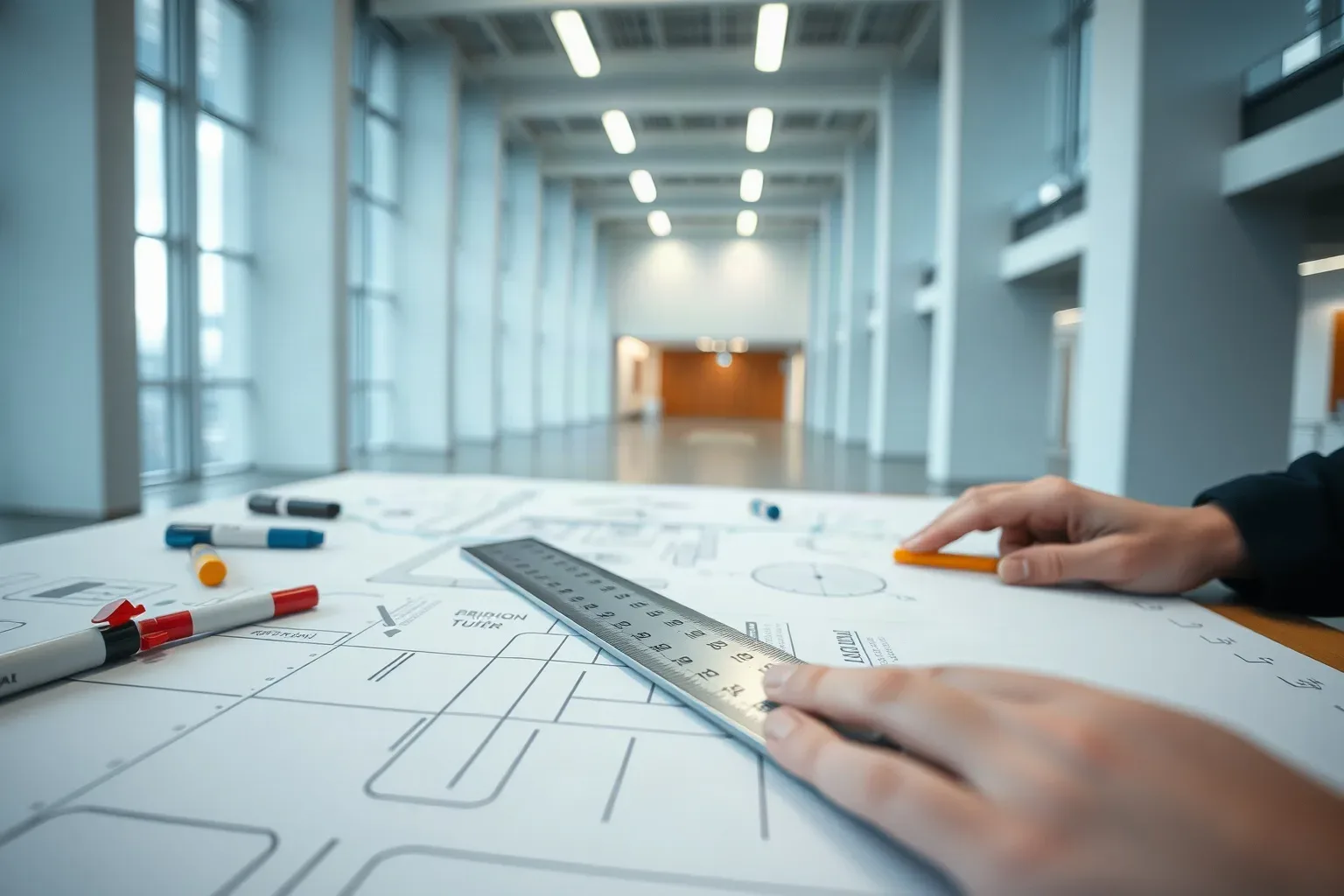 A metal ruler laid diagonally across a planning surface beside coloured markers