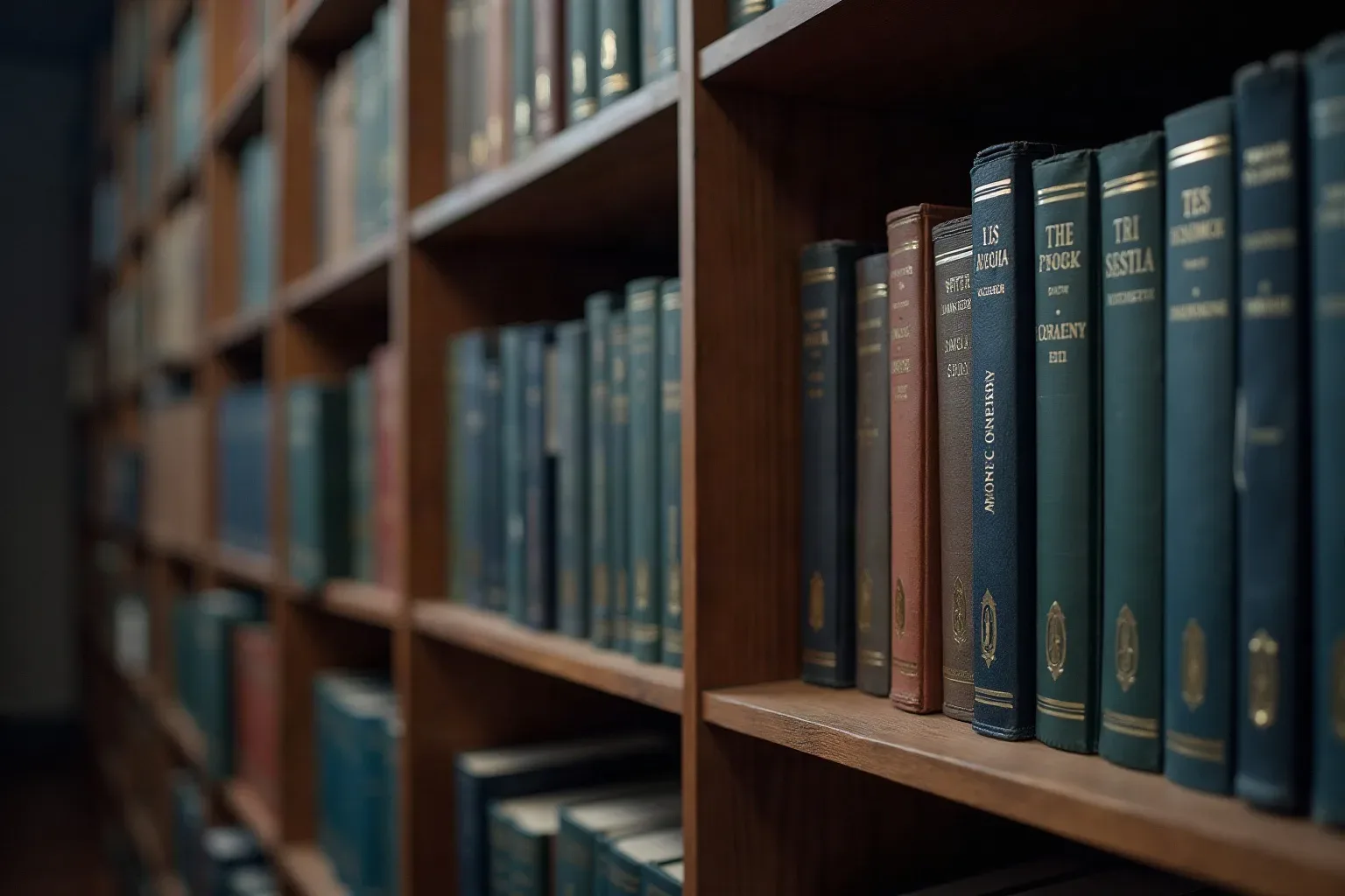 Dark timber shelving filled with bound reference works