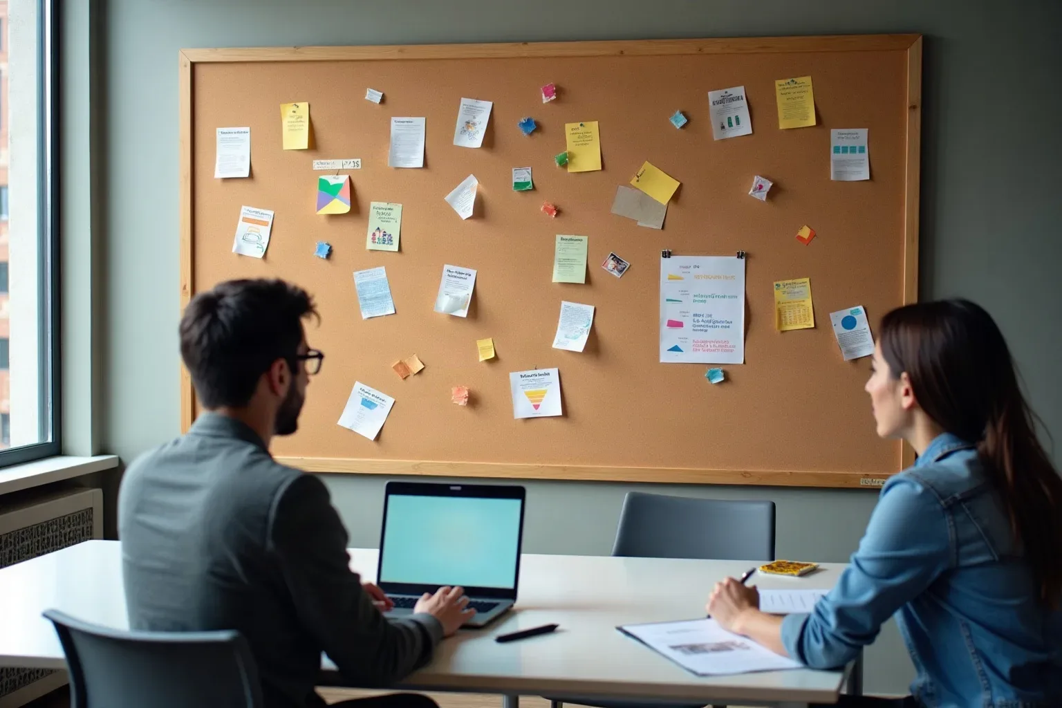 Two people sit at a table facing a large cork board covered with colourful sticky notes and pinned papers, one using a laptop and the other holding a pen