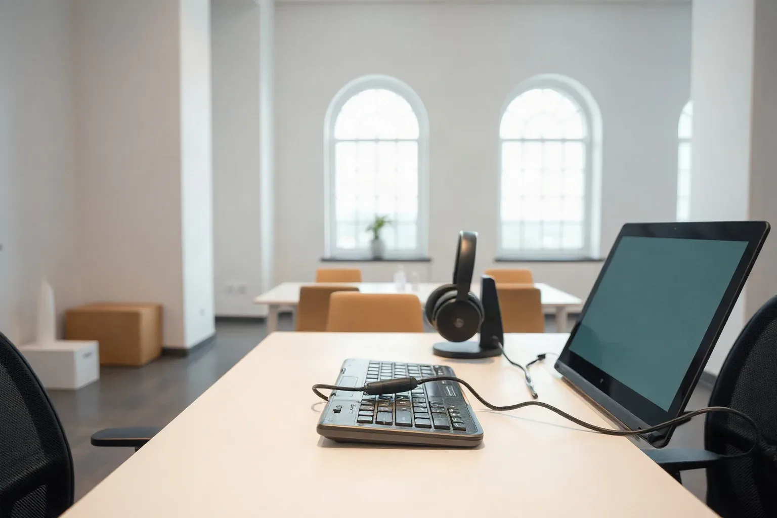 An over-ear headset resting on the edge of a desk beside a keyboard