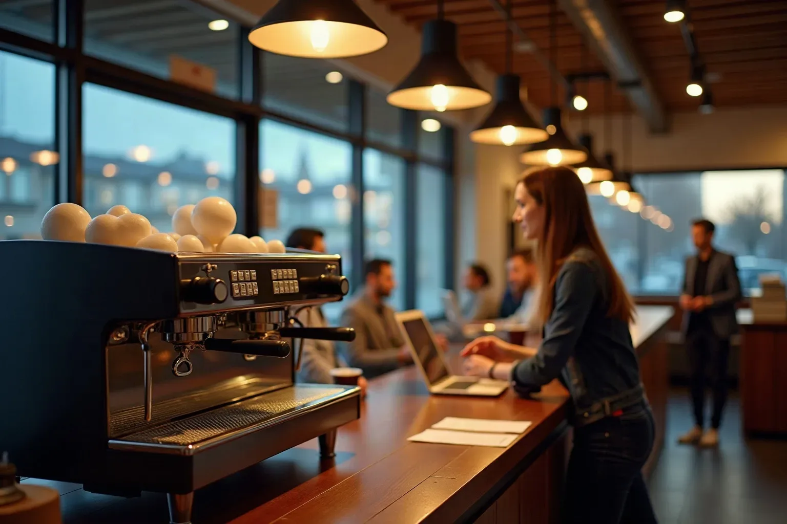 A commercial espresso machine sits on a timber café counter in the foreground while a person works at a laptop further along the counter, with several other people visible in the warmly lit space behind