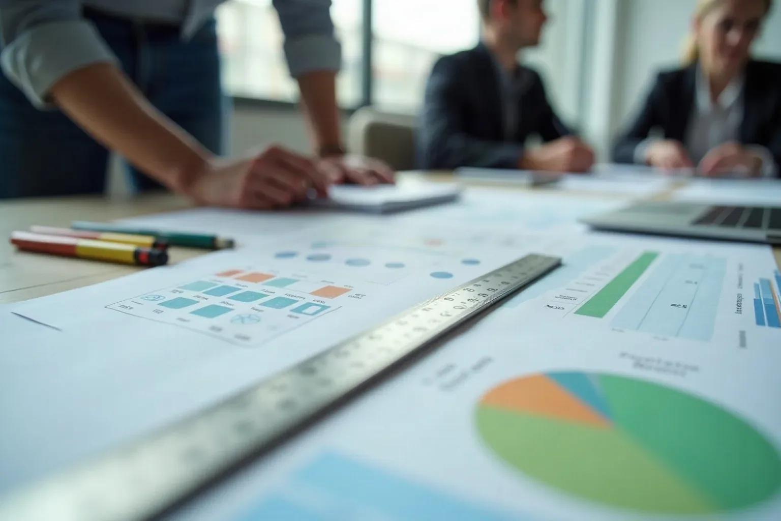 Coloured markers and a metal ruler lie across printed charts on a meeting-room table, with two people working in soft focus in the background