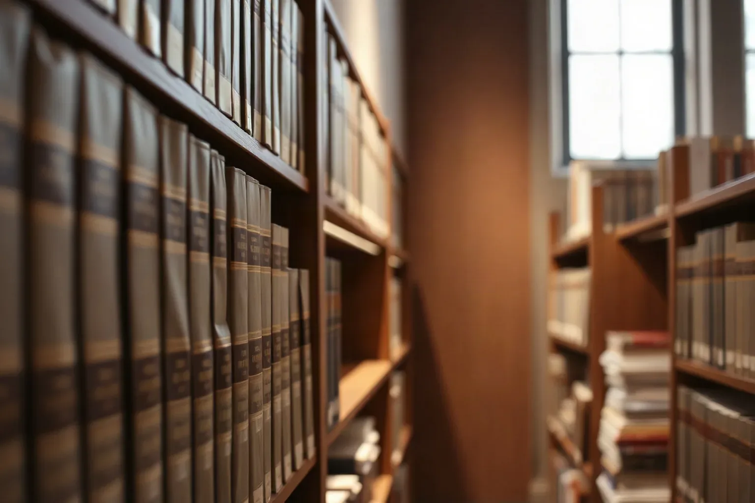 Volumes of bound reference works on dark timber shelving