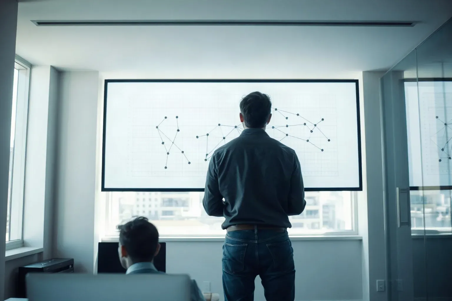 A wide monitor displaying an abstract node-and-edge link graph