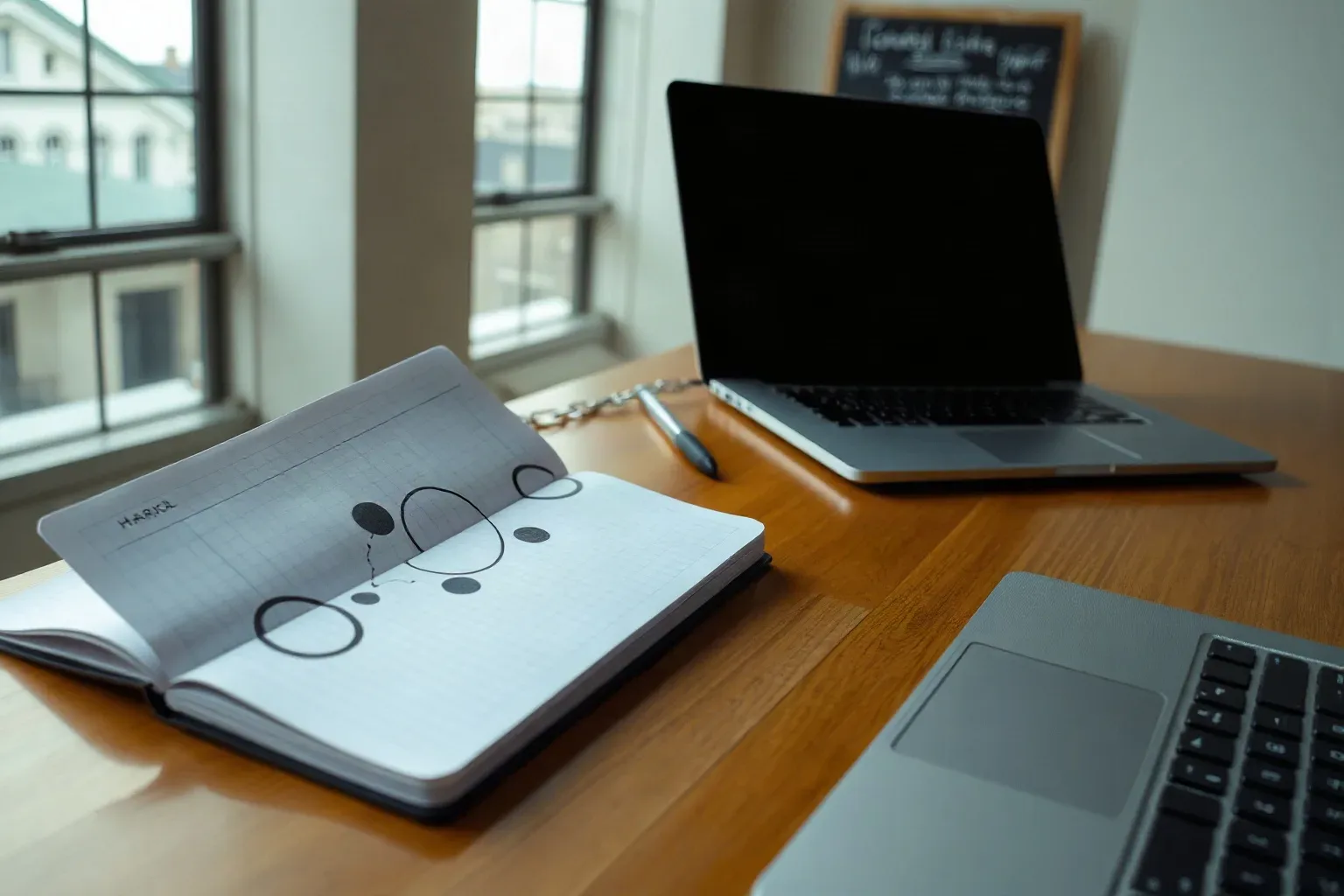 Notebook open beside a keyboard