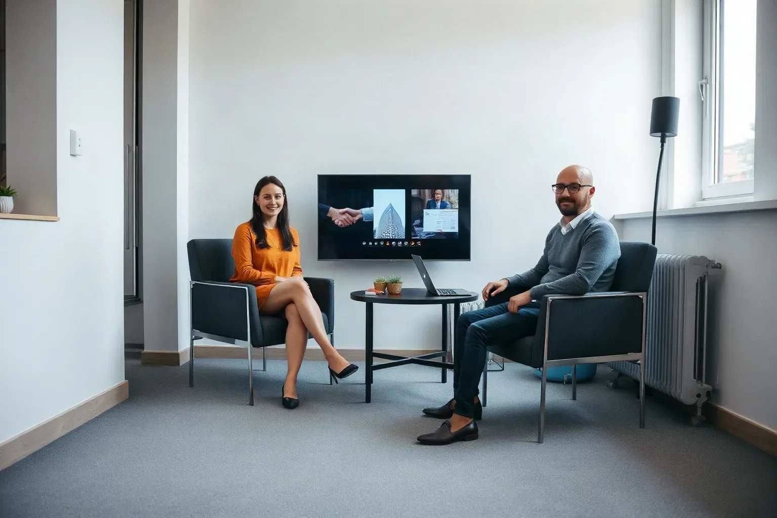 Small low table with two chairs facing each other in a consulting room