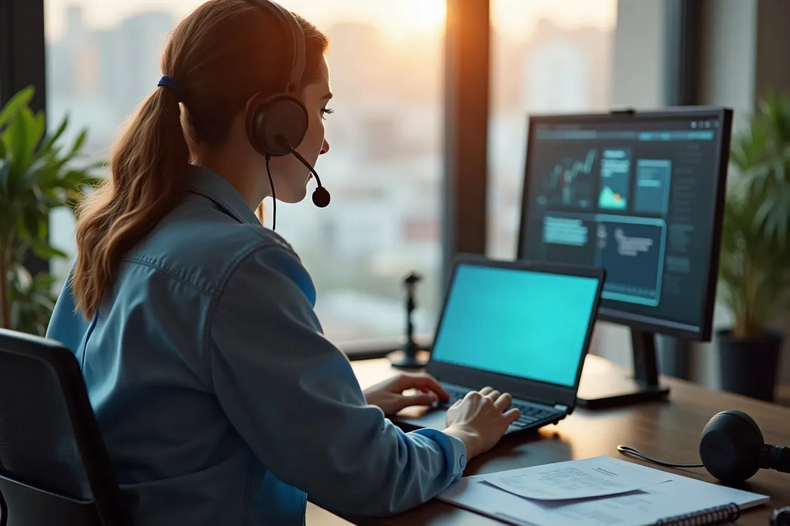 A person wearing an over-ear headset sits at a desk working on a laptop, with a monitor displaying charts and graphs visible alongside, bathed in warm morning light from a large window
