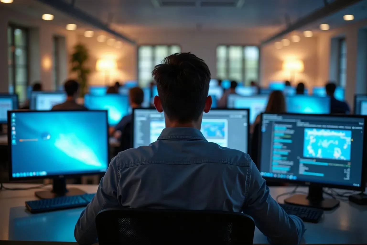 Cluster of desks in a SaaS-style open workspace