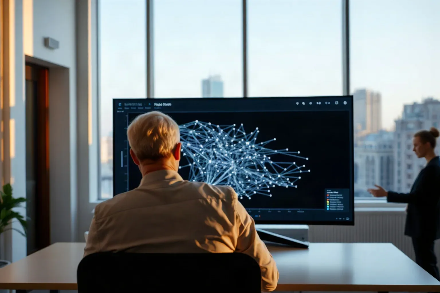 Wide monitor displaying an abstract node-and-edge link graph