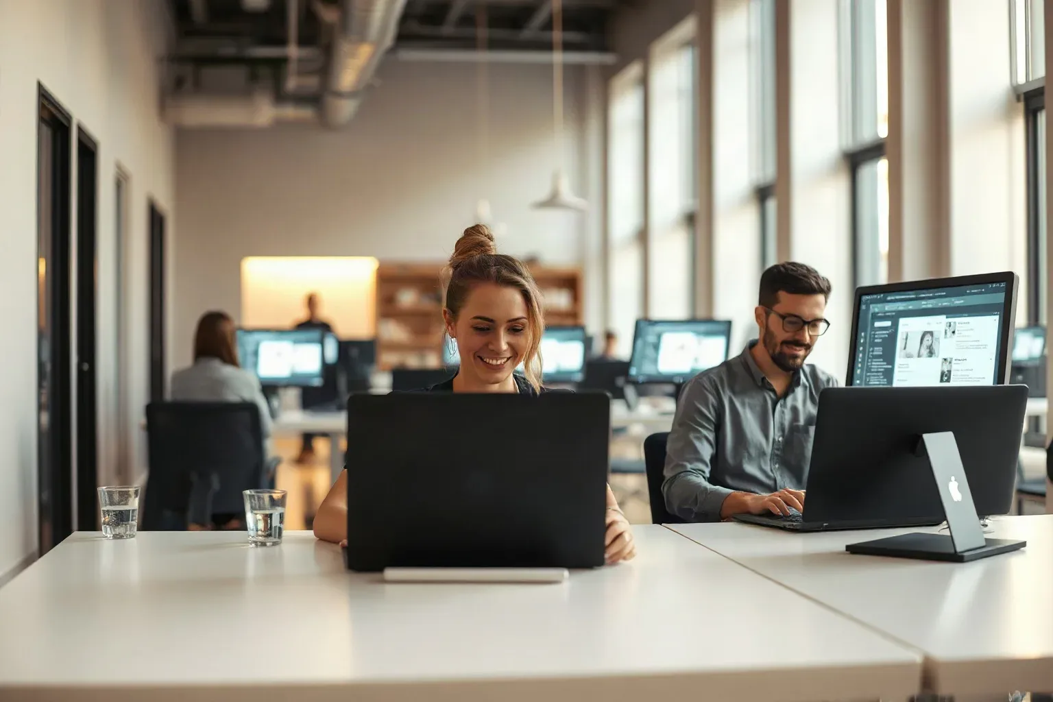 Desks in a SaaS-style open workspace