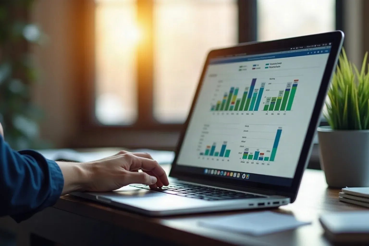 A person's hand rests on an open laptop keyboard, its screen displaying colourful bar charts and data visualisations, on a wooden desk beside a small potted plant