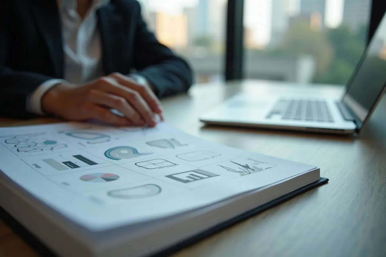 A person in a dark suit reviews a document filled with charts and diagrams in an open binder on a desk, with a laptop open nearby and a city view through the window behind them