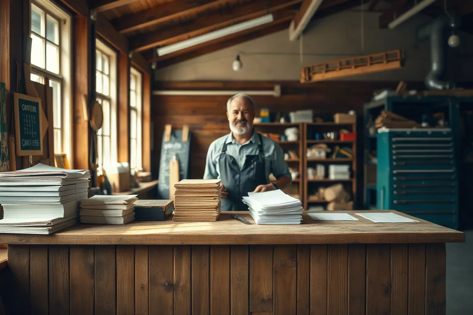 A worn timber trade counter with order dockets and tools stacked to one side