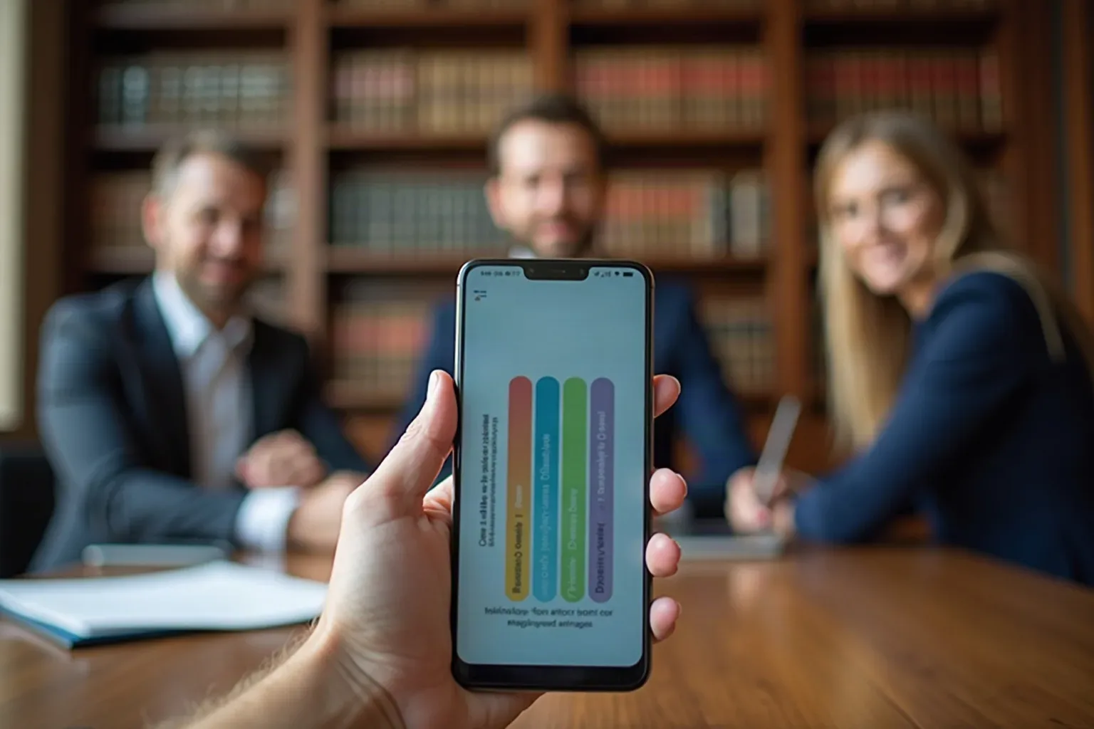 Phone on a desk, its screen displaying abstract monthly retainer band comparisons for law firm link building packages with
