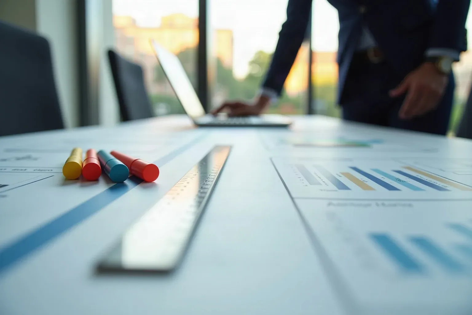 A metal ruler and coloured markers lie on a planning surface covered with charts, while a person in a suit works at a laptop in the blurred background