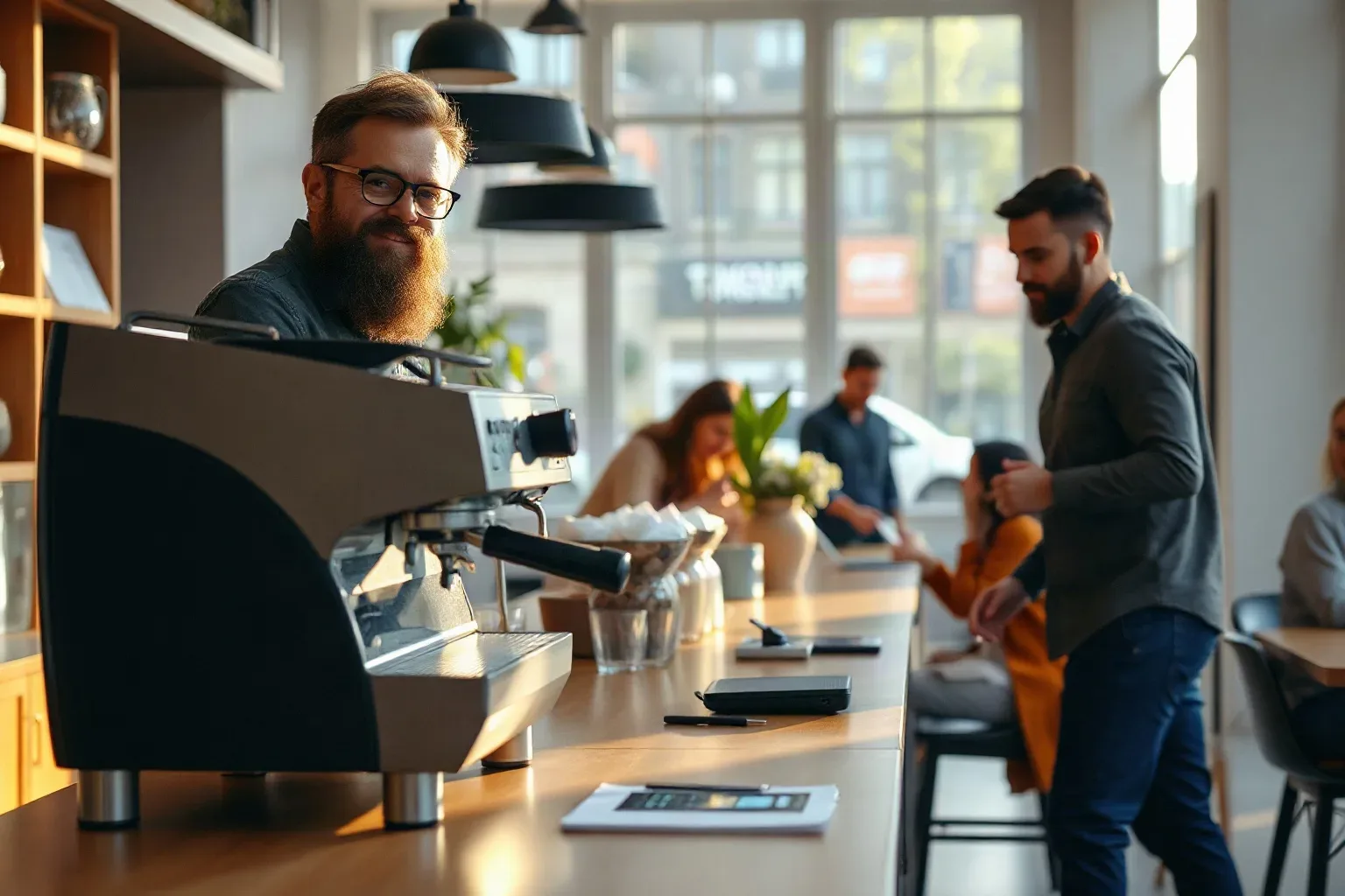 A commercial espresso machine on a café counter