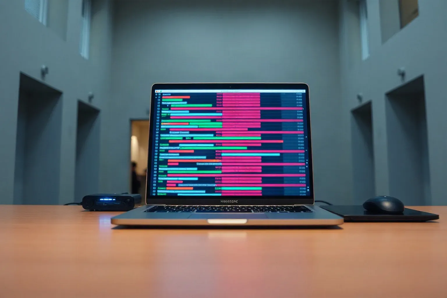 An open laptop angled on a work surface