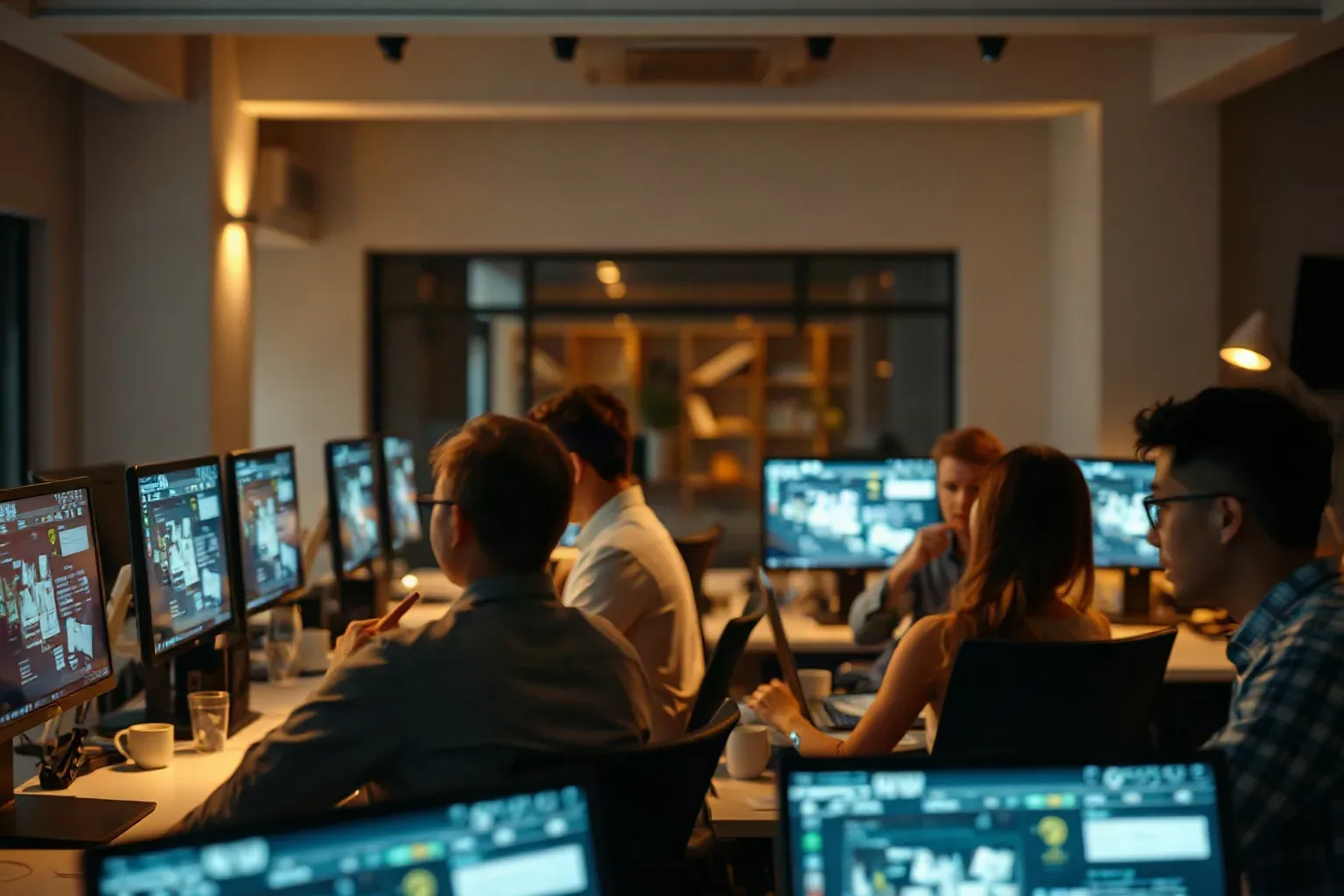 A cluster of desks in a SaaS-style open workspace