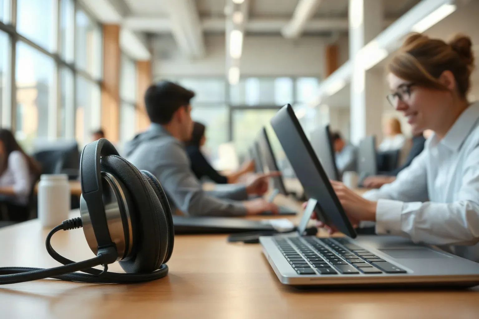Over-ear headset resting on a desk beside a keyboard