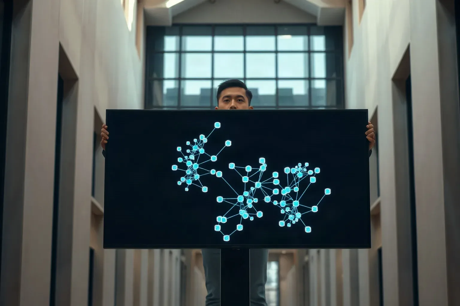 Wide monitor displaying an abstract node-and-edge link graph