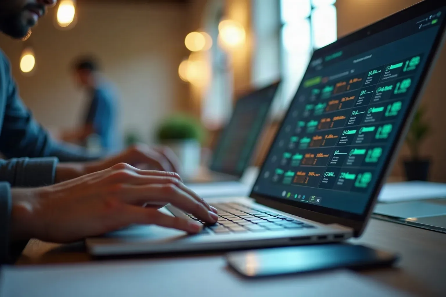 An open laptop angled on a work surface