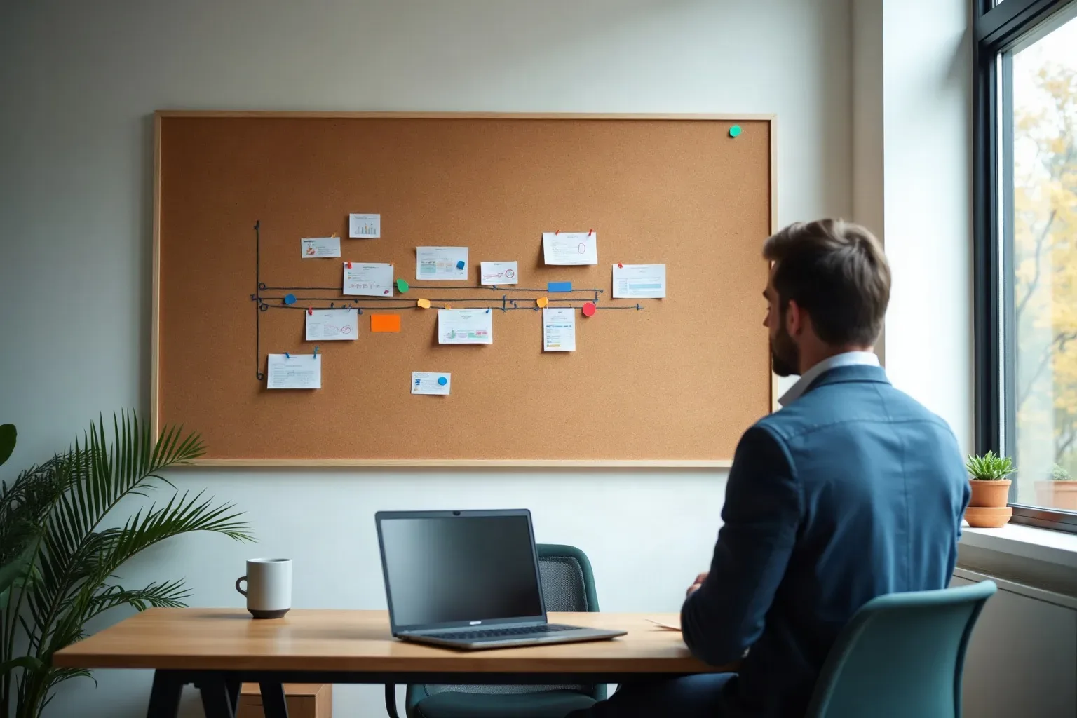 A person in a suit sits at a desk with an open laptop and a mug, looking at a cork board covered with pinned notes and coloured markers