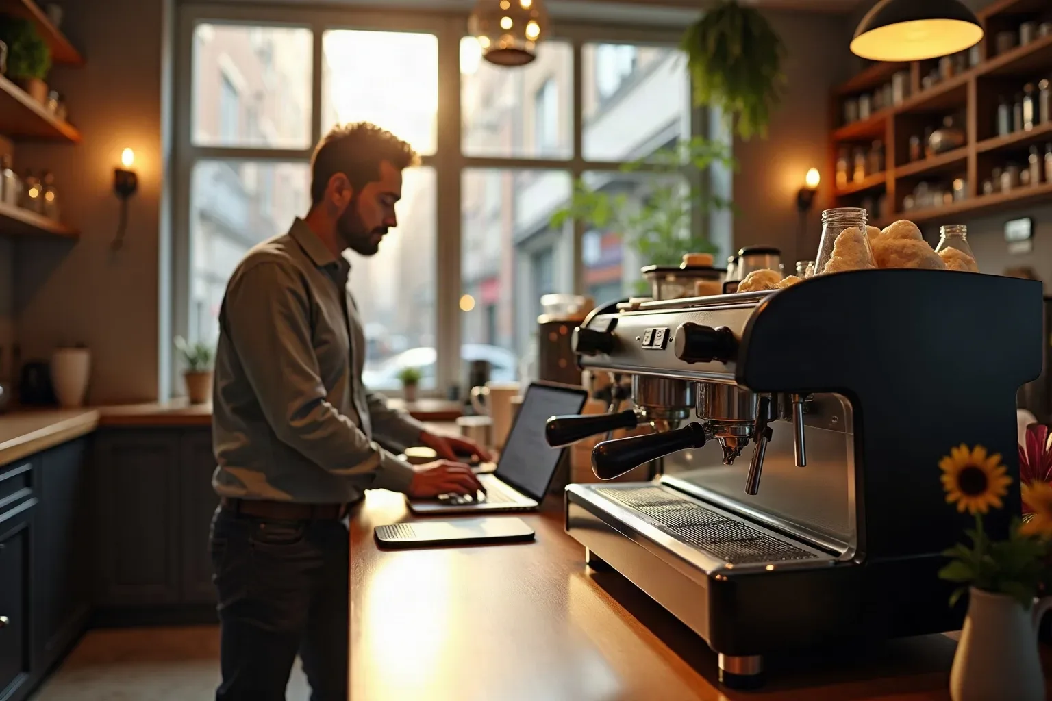 A person works at a laptop on a café counter beside a commercial espresso machine, in a warmly lit empty café