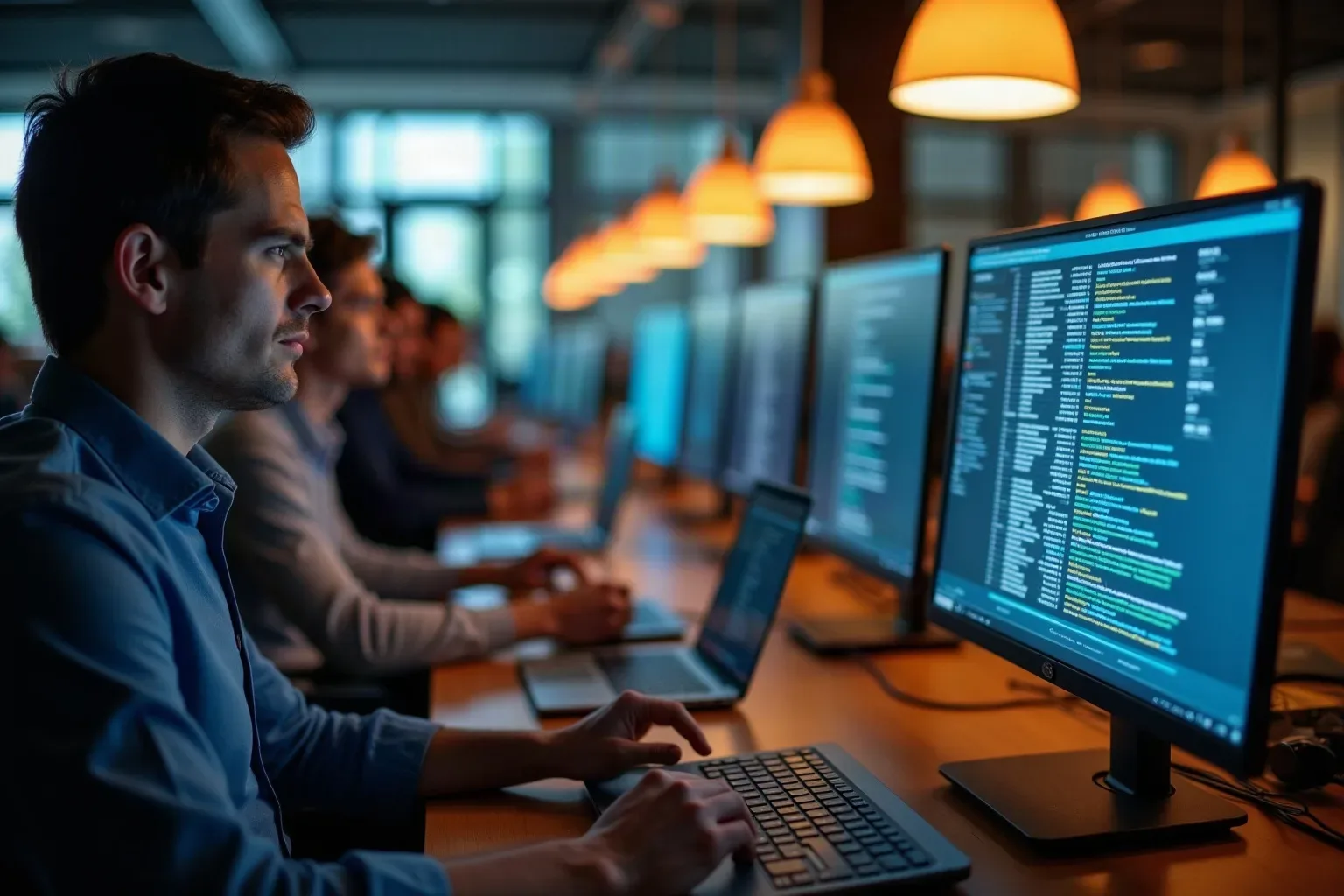 Cluster of desks in a SaaS-style open workspace