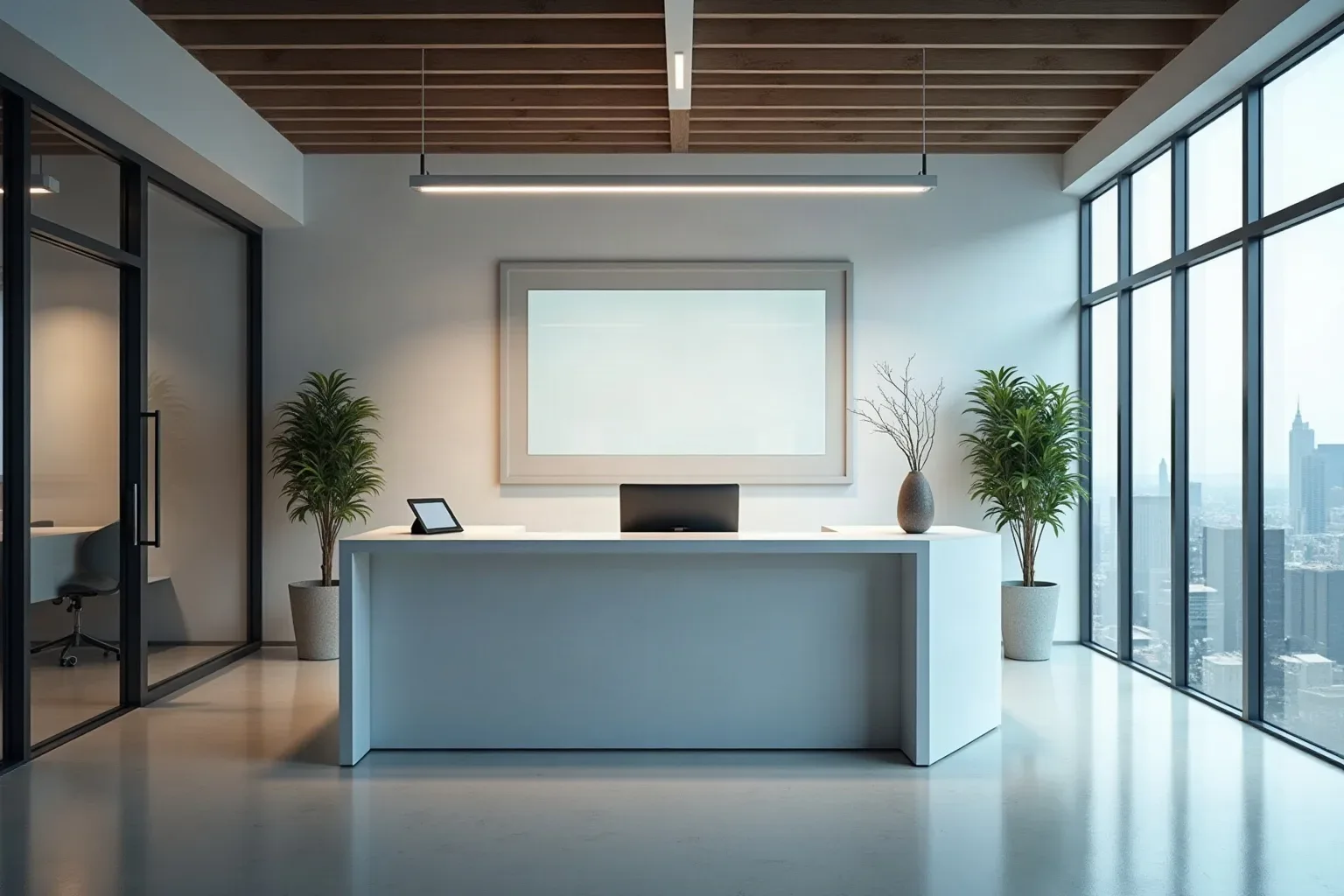 A minimalist office reception desk with two potted plants flanks a blank framed panel on the wall, floor-to-ceiling windows overlooking a city skyline behind