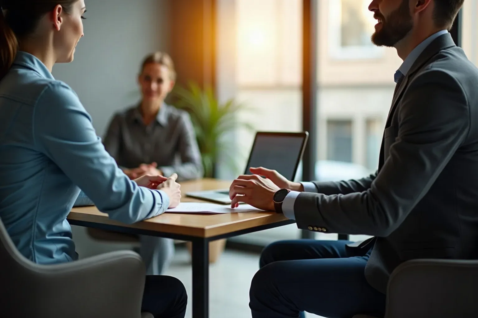 Three people sit around a small wooden table in a bright consulting room, two in the foreground engaged in conversation over documents, a third seated in soft focus behind them