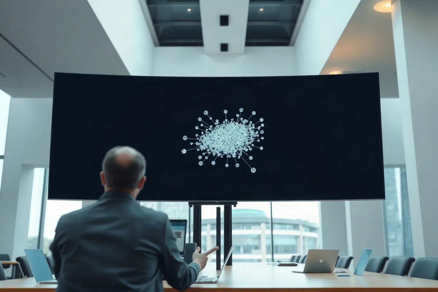 Wide monitor displaying an abstract node-and-edge link graph