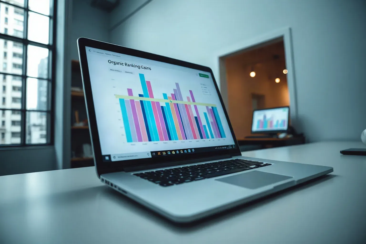 Open laptop angled on a work surface