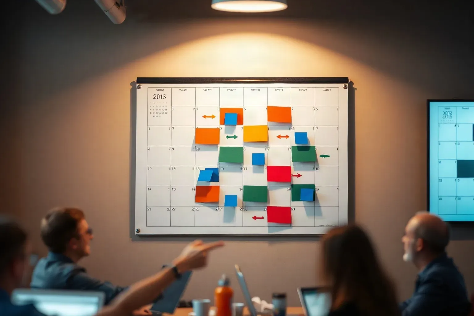 A large wall calendar marked with abstract coloured blocks and arrows across its grid
