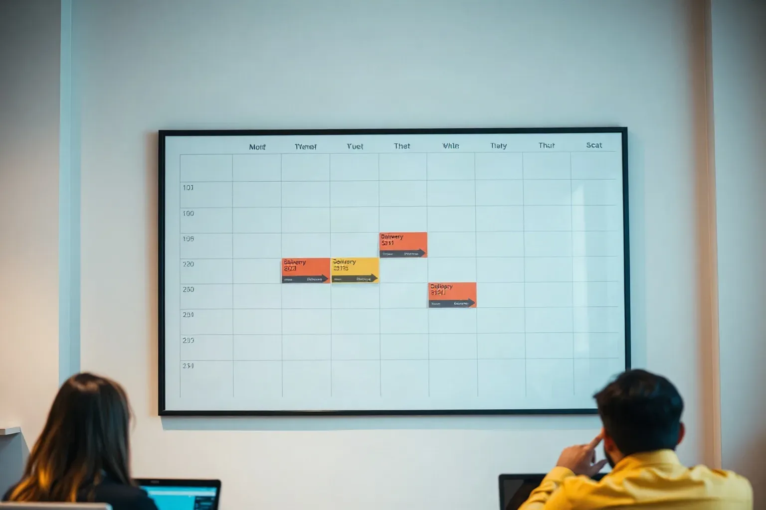 Large wall calendar marked with abstract coloured blocks and arrows