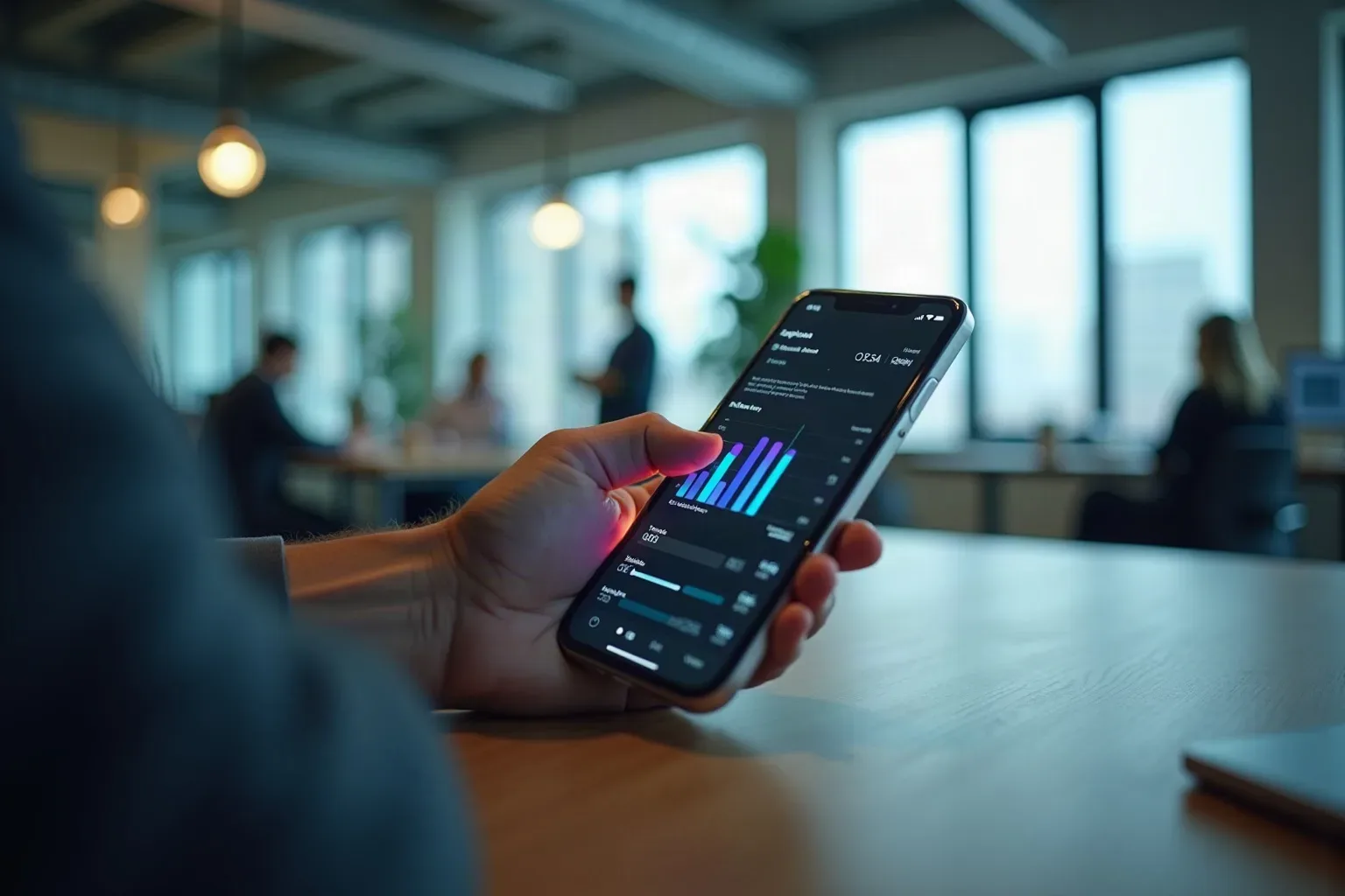 Phone on a desk, its screen showing abstract DA and DR scoring bands across a set of referring domains colour-coded above