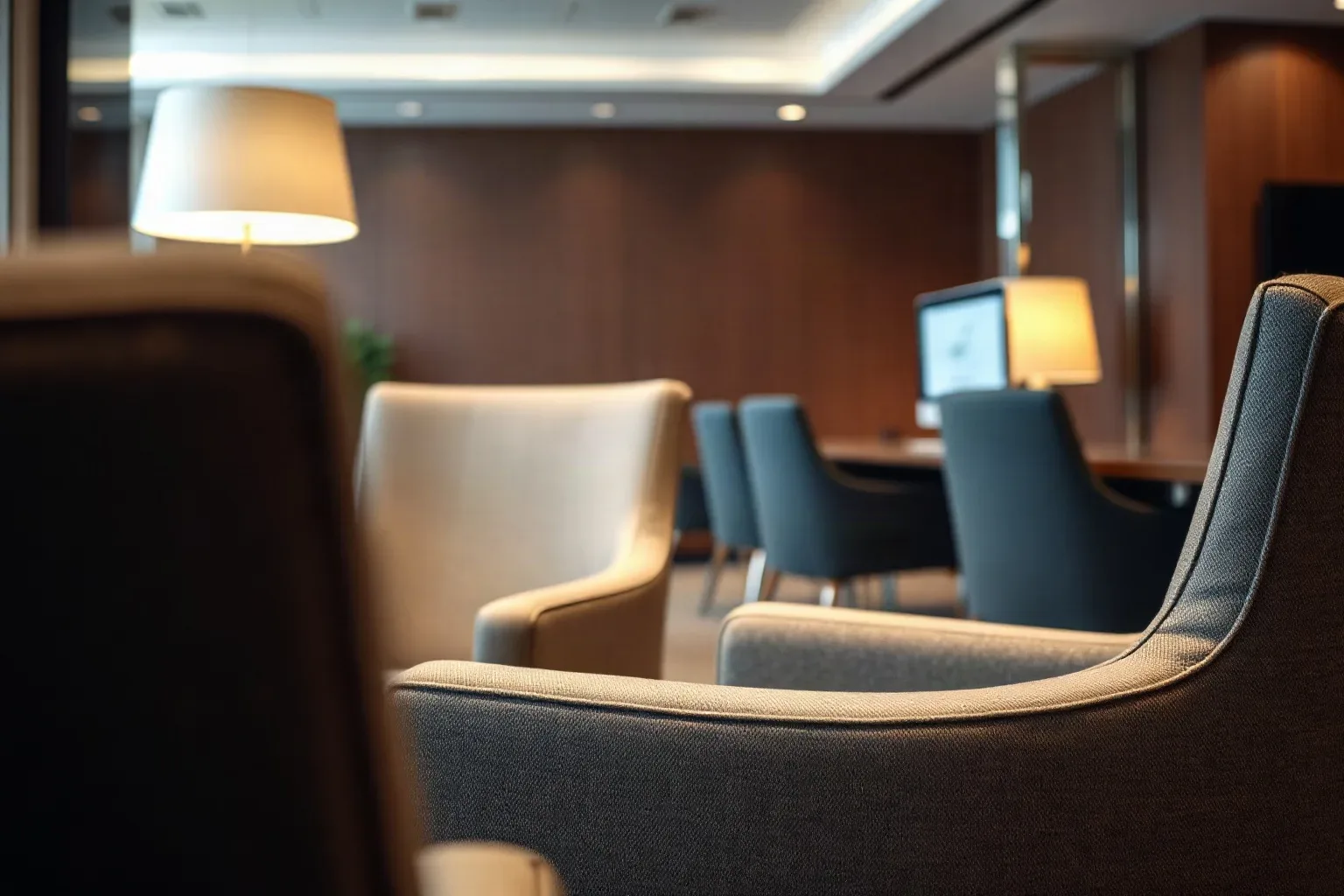 Upholstered waiting-room chairs in a professional service suite