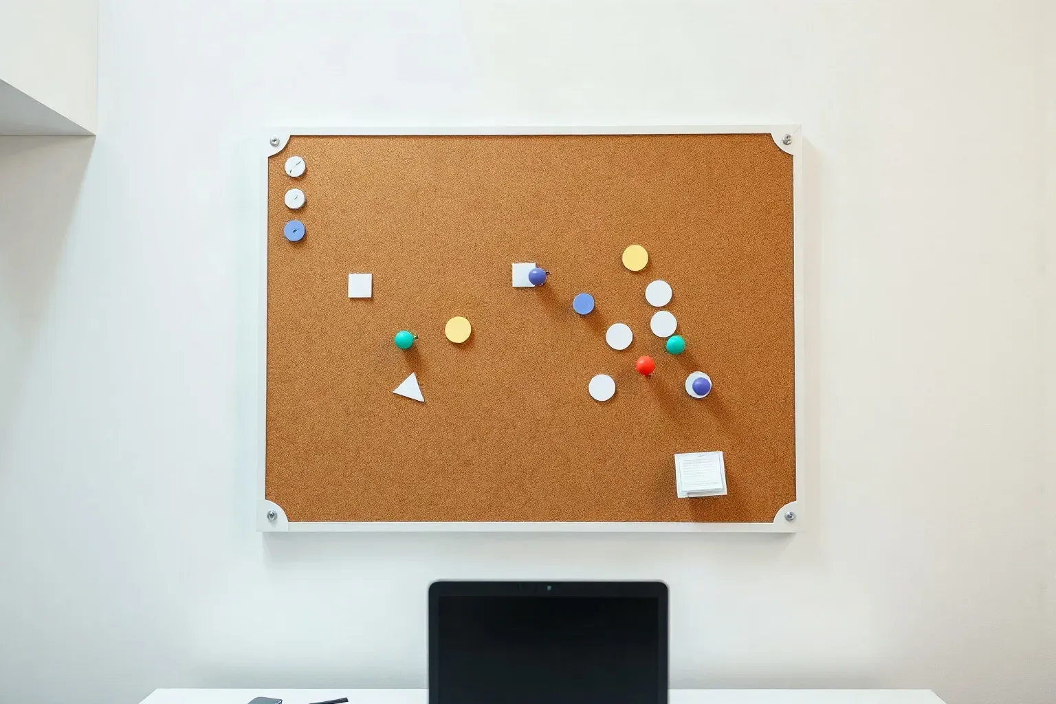 Cork board mounted above a desk with abstract colour-coded markers and geometric shapes pinned across it