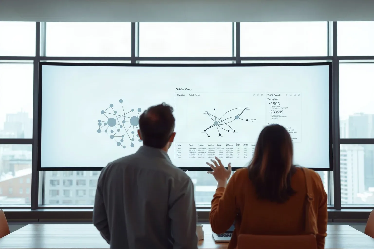 Wide monitor displaying an abstract node-and-edge link graph