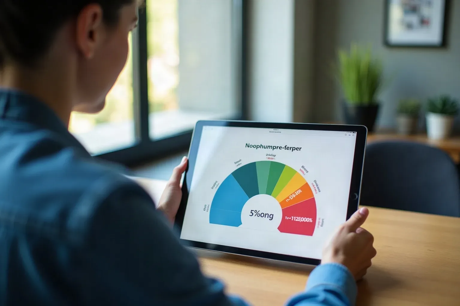 Tablet on a desk, its screen displaying abstract colour-banded tier comparisons for a SaaS link building campaign budget